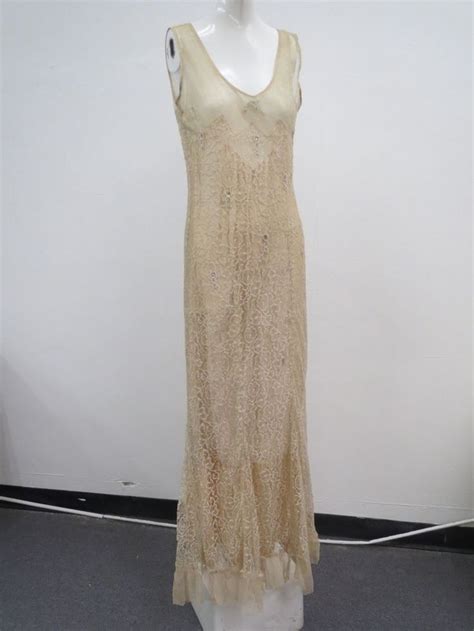 Vtg 1930s Silk And Lace Beaded Rhinestones Long Gown French Net Ruffle