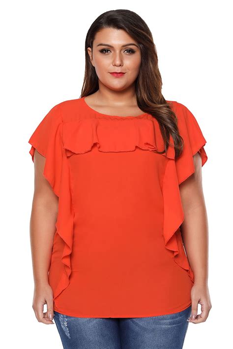Orange Ruffled Detail Flutter Sleeves Plus Size Top Plus Size Top