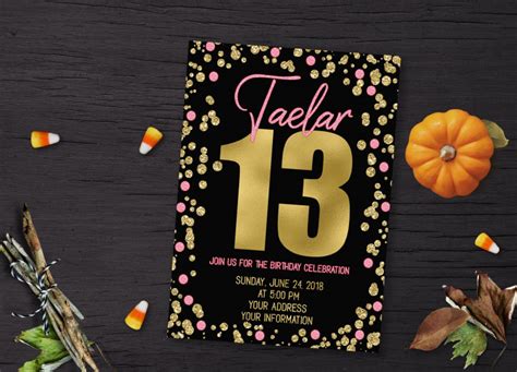 13 Year Old Birthday Invitation Gold Confetti 13 Birthday Invitation Girl 13th Birthday