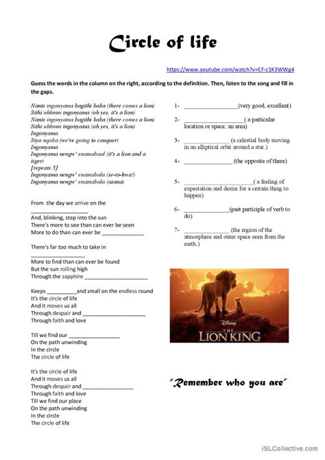 The Lion King Circle Of Life Fill English Esl Worksheets Pdf And Doc