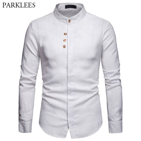 Buy Mens White Linen Shirt Casual Mandarin Collar Long