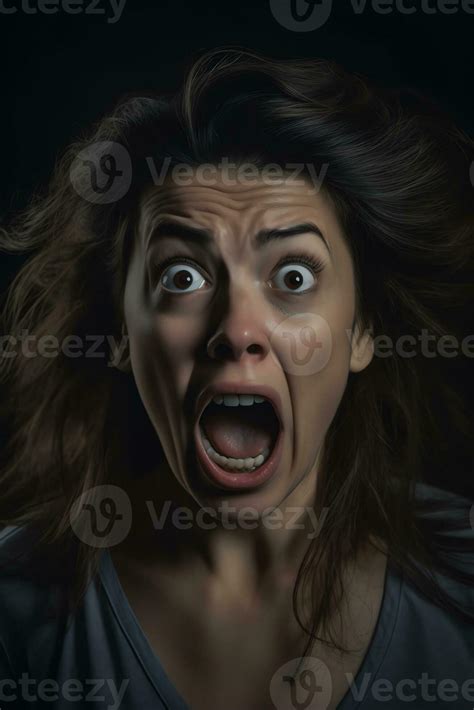 Ai Generative Headshot Of Frightened Woman Looking At Fear Eyes Wide