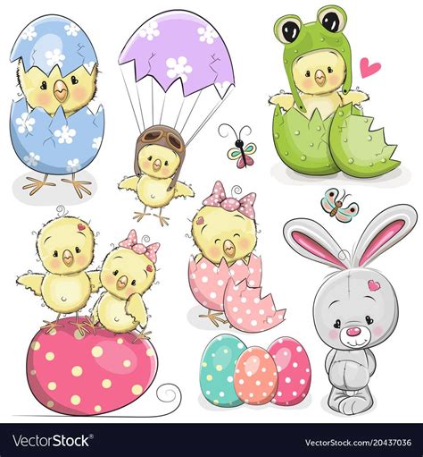 Easter Set With Cute Cartoon Chicken And Rabbit Download A Free