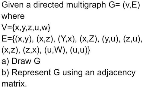 Solved Given A Directed Multigraph G V E Where V X Y Z U W E X Y X Z Y X X Z Y U Z U