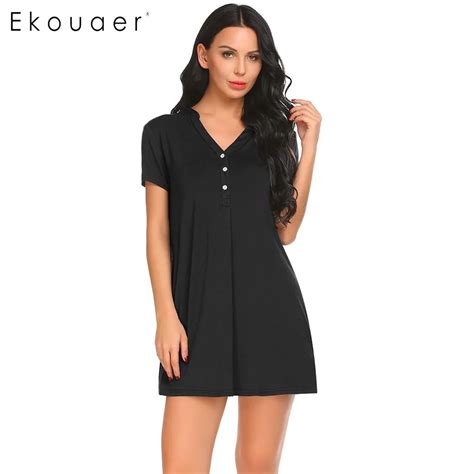 Ekouaer Women Nightgown Short Sleeve V Neck Solid Soft Nighties Sleepwear Dress Sexy Night Gown