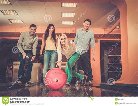 Smiling People Playing Bowling Stock Photo Image Of Active Enjoy