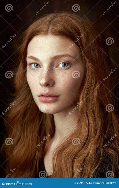Beautiful Redhead Girl With Long Hair Perfect Woman Portrait On Black