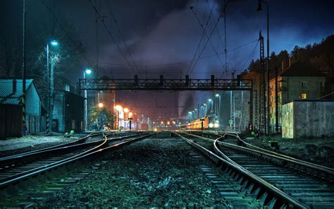 Wallpaper 2560x1600 Px Lights Night Railroad Railroads Tracks
