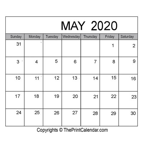 May 2020 Printable Calendar Template Pdf Word And Excel