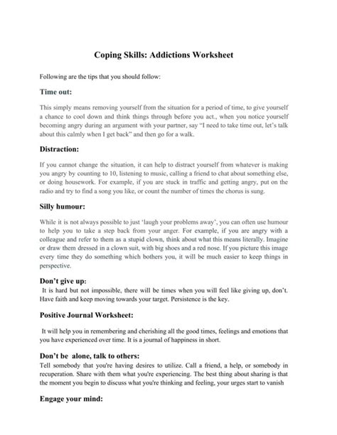 Coping Skills Addictions Worksheet Mental Health Worksheets Coping