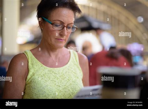 Mature Beautiful Scandinavian Tourist Woman At Railway Station O Stock Photo Alamy