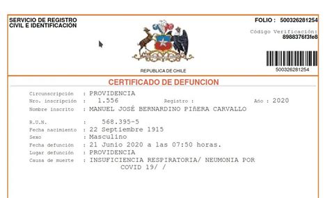 Certificado De Defunción De Bernardino Piñera Confirma Covid 19