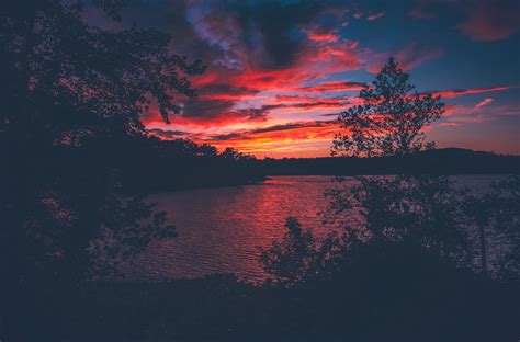 Red Evening Sunset Lake View From Forest Woods Hd Nature 4k Wallpapers Images Backgrounds