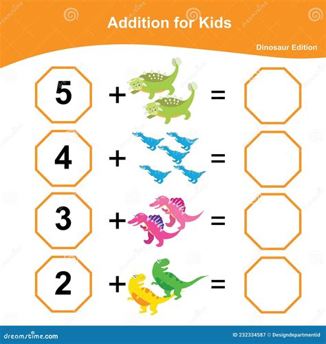 Addition Math Game Worksheet Dinosaur Edition Stock Vector
