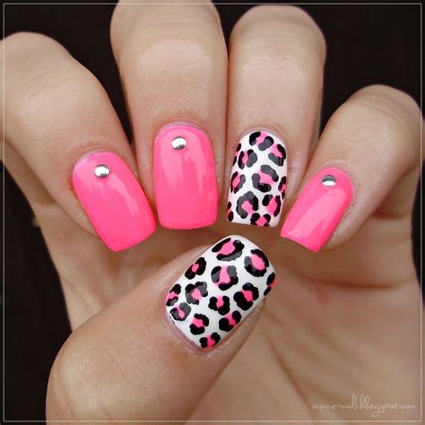 Pink Neon Pink Leopard Print Nails Neon Pink And Leaves Nails Art