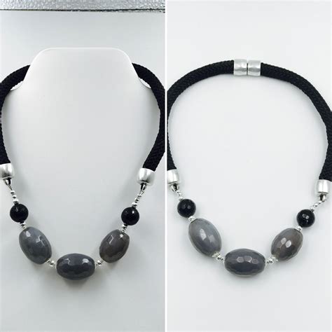 Grey Agate Barrel Bead Collar Necklace With Magnet Clasp By Rivahside