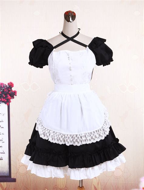 Sweet Black Cotton Maid Lolita One Piece White Apron Short Sleeves Lace