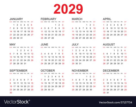 Calendar 2029 Template Simple Royalty Free Vector Image