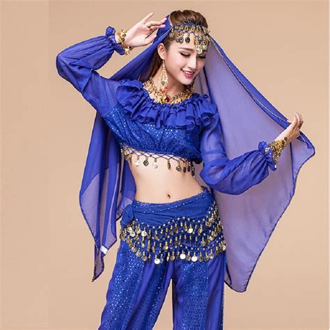 Exotic Apparel Indian Belly Dance Costumes Set 6pcs Pant Top Belt Veil Head Wear Bracelets