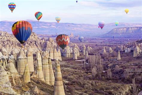Hot Air Balloon Flying Over Spectacular Cappadocia Stock Photo Image