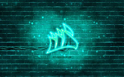 Download Wallpapers Corsair Turquoise Logo 4k Turquoise Brickwall