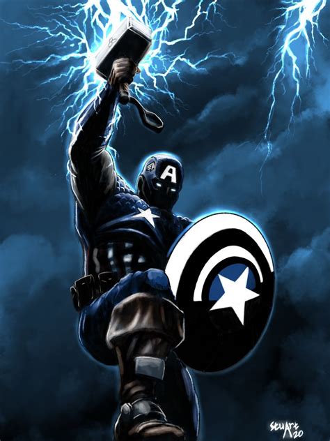 Captain America Is Holding Up His Shield While Lightning Strikes Behind Him