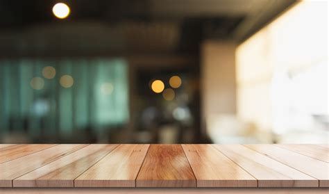 Empty Wooden Table Top With Lights Bokeh On Blur Restaurant Background