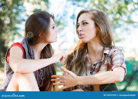Two Girlfriends Outdoor Talking Stock Image Image Of Forest Stylish