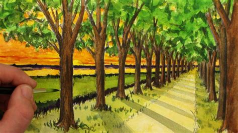 How To Draw A Road With Trees In One Point Perspective