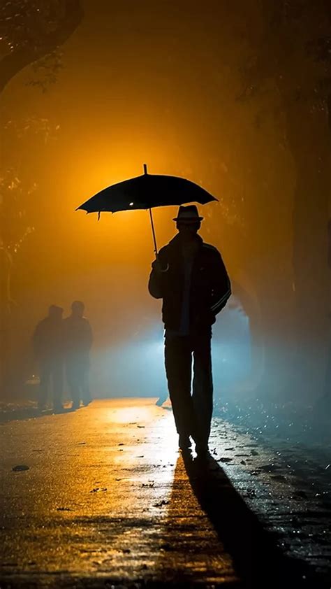 Walking In The Rain Night People Rain Silhouette Walking Male