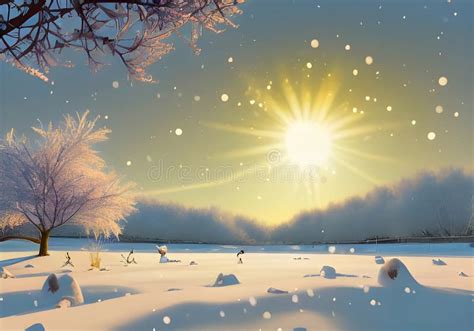 Illustration Of A Magical Winter Scene Radiant Sunset Illuminates Snow