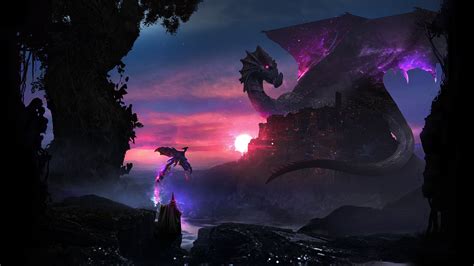 Digital Wallpaper Of Purple Dragon Resting On Mountain Hd Wallpaper