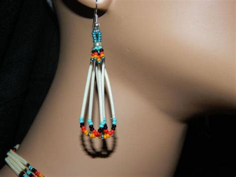 Native American Handmade Quill And Beaded Necklace And Earring Set With