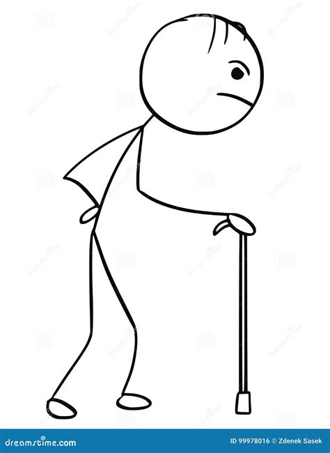 Stick Man Cartoon Of Old Man Walking With Cane Stock Vector