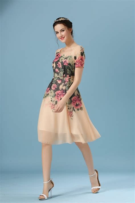 Flower Print Short Sleeve Knee Length Chiffon Dress