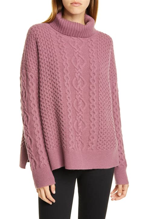 nordstrom oversize cable knit cashmere turtleneck sweater in burgundy rose pink lyst