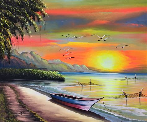 Sunset Beach Painting Oil On Canvas Haitian Art Dominican Art