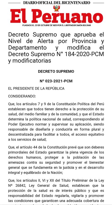 Decreto Supremo Que Aprueba El Nivel De Alerta Por Provincia Y Departamento Y Modifica El