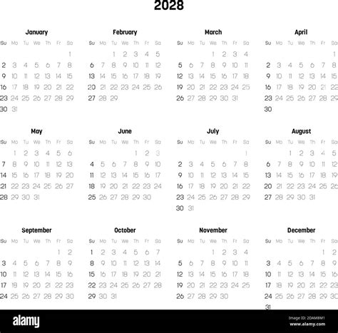 Monthly Calendar Of Year 2028 Week Starts On Sunday Block Of Months