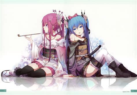 2girls Aqua Eyes Aqua Hair Breasts Cleavage Flowers Hatsune Miku Japanese Clothes Katana