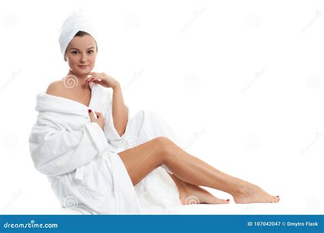 Spa Beautiful Girl In Bathrobe Smooth Female Legs After Depilation Stock Image Image Of