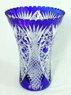 Bohemian Czech Cobalt Blue Saw Tooth Cut To Clear Crystal Vase