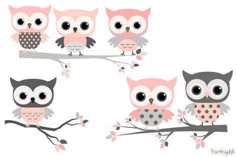 Pink And Grey Owls Set Cute Owl Clipart Kawaii Owls Clip