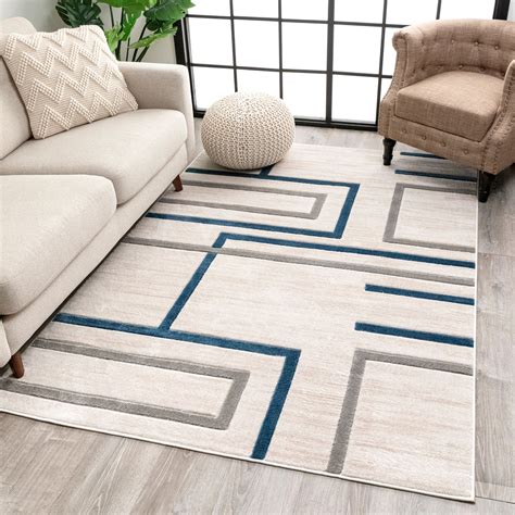 Well Woven Fiora Blue Modern Geometric Stripes And Boxes Pattern Area Rug