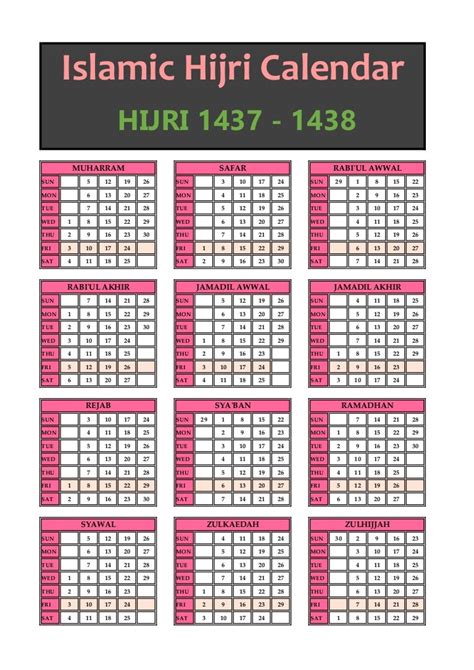 Islamic Hijri Calendar 1437 1438 Microsoft Word