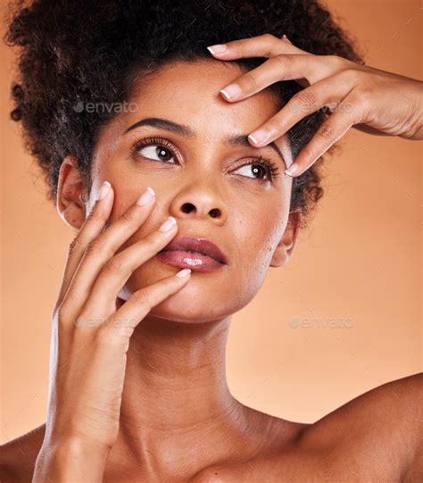 Beauty Hands And Face Pose Of Skin Model Thoughtful Feeling Healthy