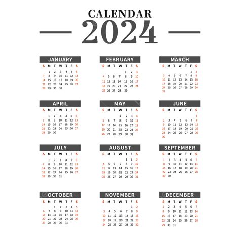2024 Calendar Simple Black 2024 Calendar Concise PNG And Vector With