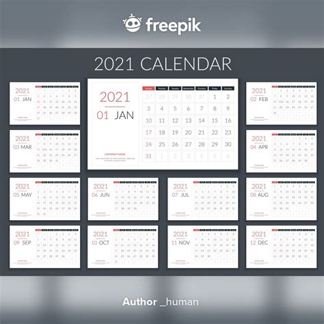 Calendario 2021 Planificador 12 Páginas La Semana Comienza El Domingo Vector Premium