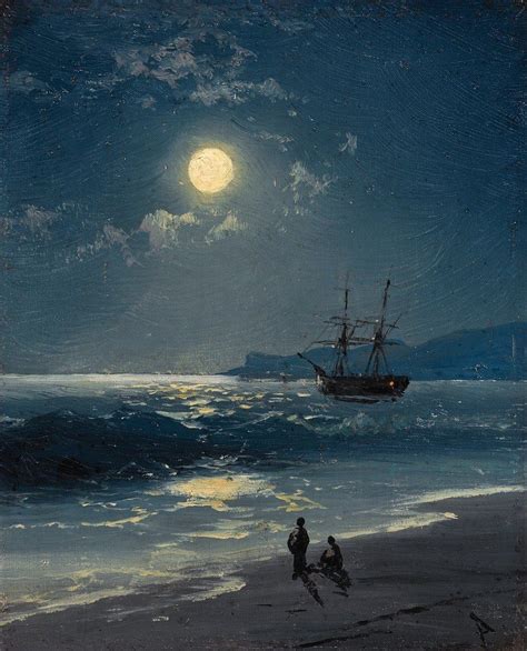 Vintage Watercolor Of Night Ocean Ship Old Pier Moon Light Signed