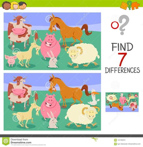 Find Differences Game With Farm Animals Stock Vector